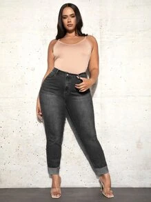 SHEIN SXY Plus High Waist Raw Cut Skinny Jeans - Black - View 3