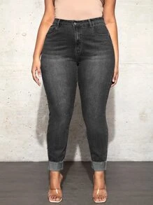SHEIN SXY Plus High Waist Raw Cut Skinny Jeans - Black - View 4