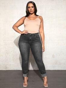 SHEIN SXY Plus High Waist Raw Cut Skinny Jeans - Black - View 5