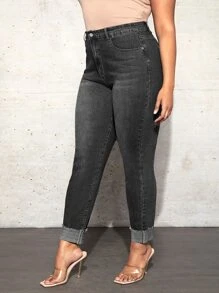 SHEIN SXY Plus High Waist Raw Cut Skinny Jeans - Black - View 6