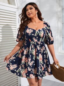 SHEIN VCAY 大碼印花雞心領口泡泡袖連衣裙 - 彩色 - 查看 1