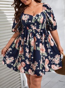 SHEIN VCAY 大碼印花雞心領口泡泡袖連衣裙 - 彩色 - 查看 4