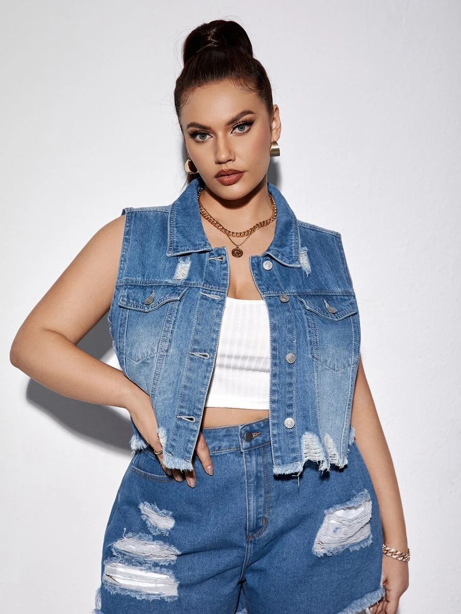 Plus Ripped Raw Cut Vest Denim Jacket - Medium Wash - View 1