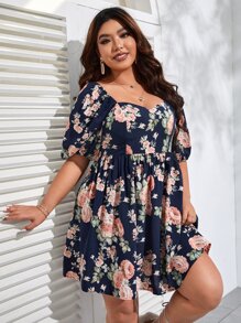 SHEIN VCAY 大碼印花雞心領口泡泡袖連衣裙 - 彩色 - 查看 5