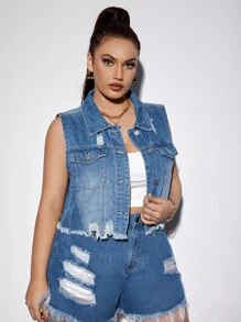 Plus Ripped Raw Cut Vest Denim Jacket - Medium Wash - View 3