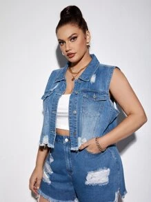 Plus Ripped Raw Cut Vest Denim Jacket - Medium Wash - View 5