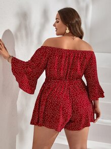 SHEIN VCAY Plus Polka Dot Off Shoulder Flounce Sleeve Romper - Red and White - View 2