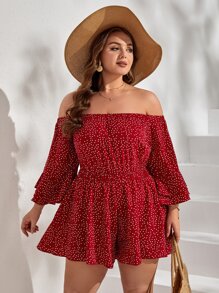 SHEIN VCAY Plus Polka Dot Off Shoulder Flounce Sleeve Romper - Red and White - View 3