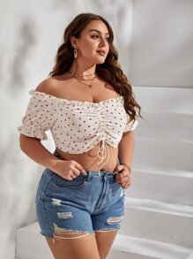 SHEIN VCAY Camisa crop con estampado de corazón de hombros descubiertos con cordón delantero ribete fruncido - Blanco - Ver 4