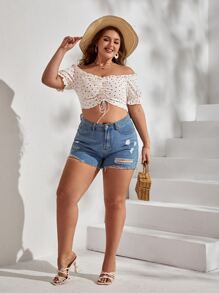 SHEIN VCAY Camisa crop con estampado de corazón de hombros descubiertos con cordón delantero ribete fruncido - Blanco - Ver 1