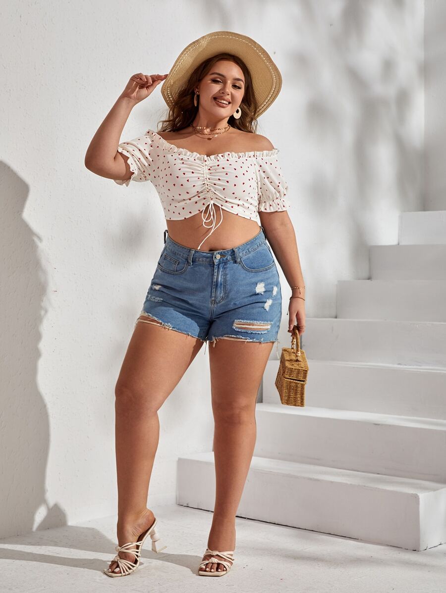 SHEIN VCAY Camisa crop con estampado de corazón de hombros descubiertos con cordón delantero ribete fruncido - Blanco - Ver 1