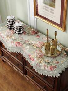 Mantel jacquard con patrón floral con encaje en contraste - Multicolor - Ver 1