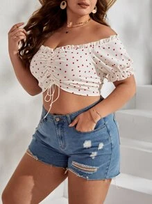 SHEIN VCAY Camisa crop con estampado de corazón de hombros descubiertos con cordón delantero ribete fruncido - Blanco - Ver 3