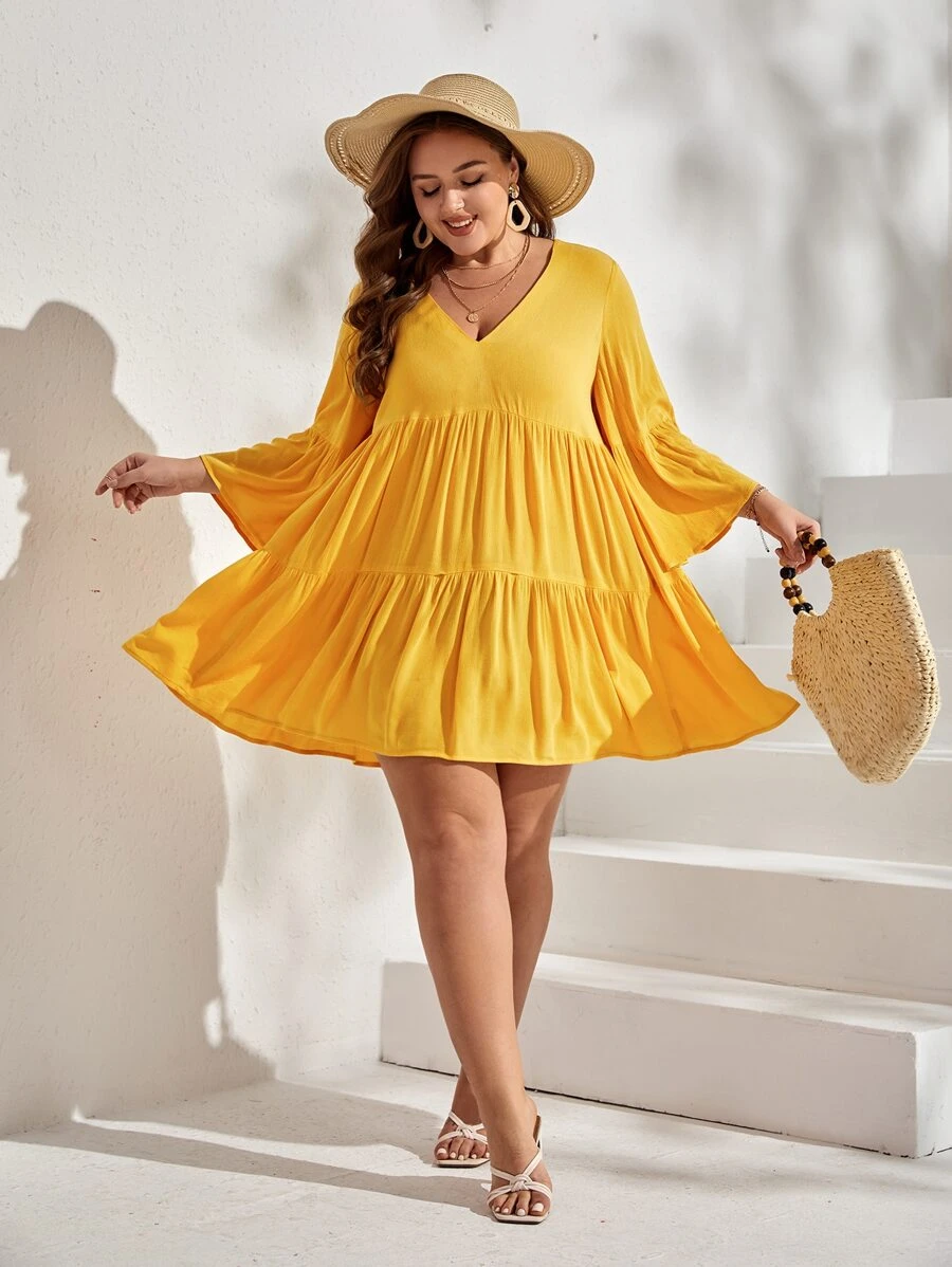 SHEIN VCAY Plus Flounce Sleeve Ruffle Hem Smock Dress - Yellow - View 1