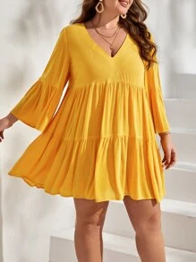SHEIN VCAY Plus Flounce Sleeve Ruffle Hem Smock Dress - Yellow - View 4