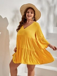 SHEIN VCAY Plus Flounce Sleeve Ruffle Hem Smock Dress - Yellow - View 5