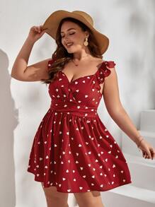 SHEIN VCAY Vestido con estampado de corazón ribete con fruncido con cordón trasero - Rojo y blanco - Ver 4