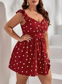 SHEIN VCAY Vestido con estampado de corazón ribete con fruncido con cordón trasero - Rojo y blanco - Ver 5