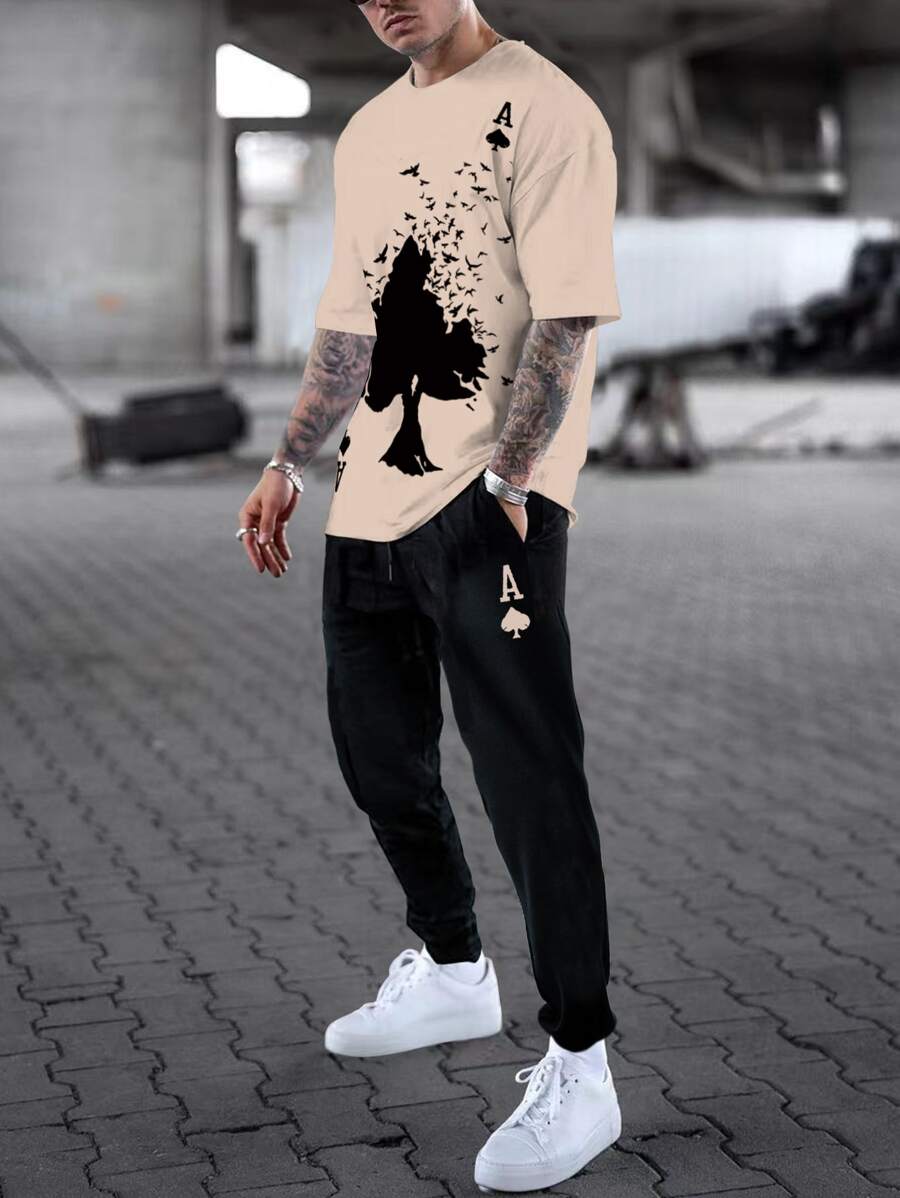 Manfinity LEGND Men Playing Card Print Tee & Drawstring Waist Joggers - Multicolor - View 1