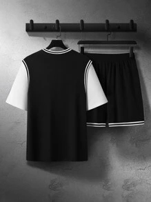 Aesthetic Post Hombres Camiseta 2 en 1 con estampado de letra & Shorts - Negro - Ver 2