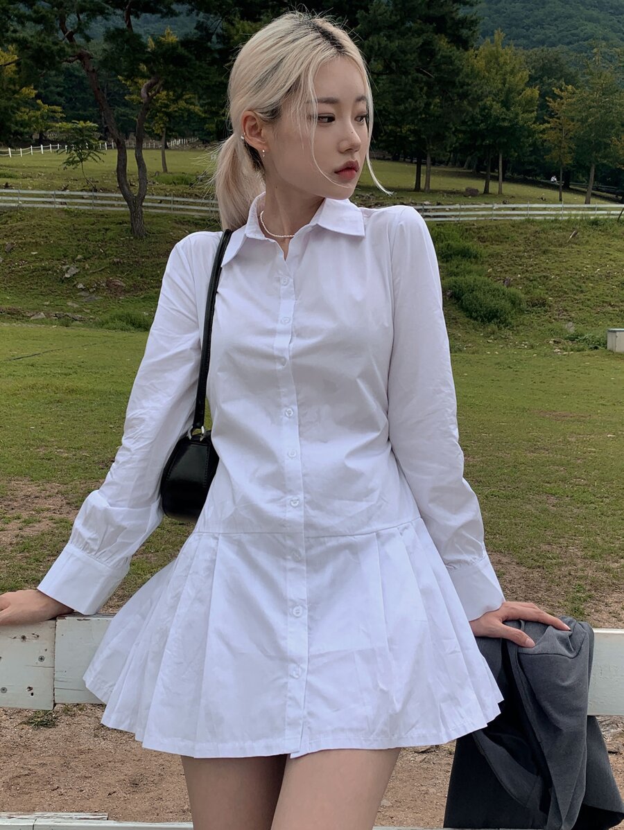 DAZY 素色前紐扣百褶下擺襯衫連衣裙 - 白色 - 查看 1