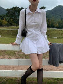 DAZY 素色前紐扣百褶下擺襯衫連衣裙 - 白色 - 查看 3