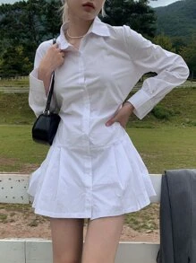 DAZY 素色前紐扣百褶下擺襯衫連衣裙 - 白色 - 查看 4