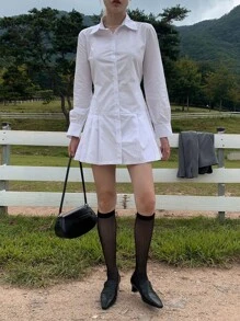 DAZY 素色前紐扣百褶下擺襯衫連衣裙 - 白色 - 查看 5