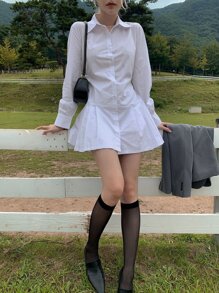 DAZY 素色前紐扣百褶下擺襯衫連衣裙 - 白色 - 查看 6