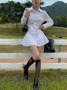 DAZY 素色前紐扣百褶下擺襯衫連衣裙 - 白色 - 查看 8