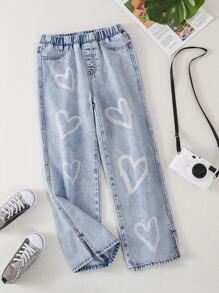 Tween Girl Heart Print Elastic Waist Split Wide Leg Jeans - Light Wash - View 1