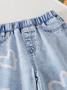 Tween Girl Heart Print Elastic Waist Split Wide Leg Jeans - Light Wash - View 3