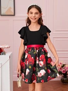 SHEIN Girls 1pc Floral Print Ruffle Trim Dress - Multicolor - View 1