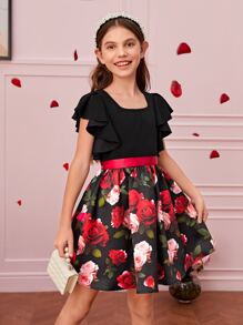 SHEIN Girls 1pc Floral Print Ruffle Trim Dress - Multicolor - View 3