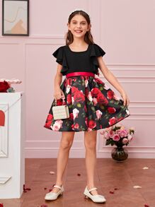 SHEIN Girls 1pc Floral Print Ruffle Trim Dress - Multicolor - View 4