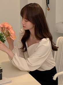甜心领灯笼袖衬衫秋季上衣 - 杏色 - 查看 2