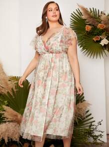 SHEIN Belle Plus Allover Floral Print Surplice Neck Butterfly Sleeve Bridesmaid Dress - Multicolor - View 4