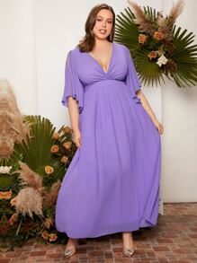 SHEIN Belle Plus Plunging Neck Ruched Front Split Sleeve Backless Bridesmaid Dress - Lilac Purple - View 3