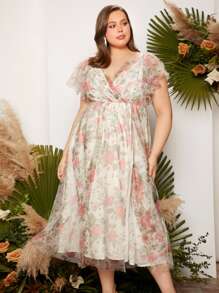 SHEIN Belle Plus Allover Floral Print Surplice Neck Butterfly Sleeve Bridesmaid Dress - Multicolor - View 1