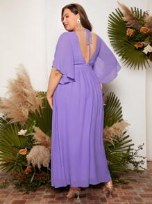SHEIN Belle Plus Plunging Neck Ruched Front Split Sleeve Backless Bridesmaid Dress - Lilac Purple - View 2