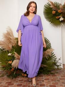 SHEIN Belle Plus Plunging Neck Ruched Front Split Sleeve Backless Bridesmaid Dress - Lilac Purple - View 5