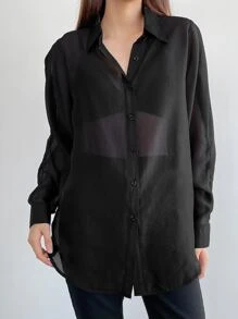 DAZY 素色前紐扣襯衫不附文胸 - 黑色 - 查看 2