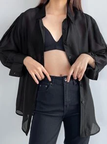 DAZY 素色前紐扣襯衫不附文胸 - 黑色 - 查看 3