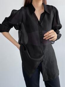 DAZY 素色前紐扣襯衫不附文胸 - 黑色 - 查看 4