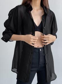 DAZY 素色前紐扣襯衫不附文胸 - 黑色 - 查看 5