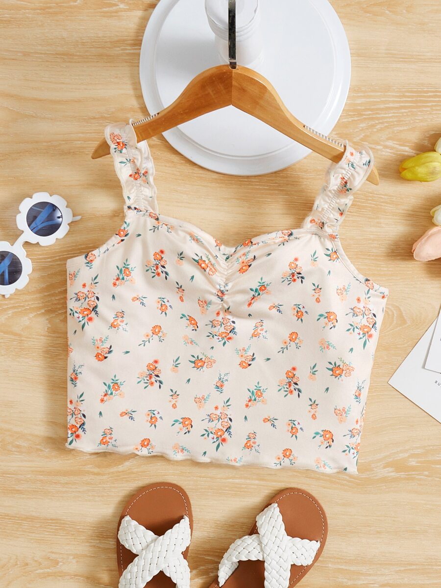 SHEIN Teen Girls Ditsy Floral Print Ruched Frill Trim Cami Top - Multicolor - View 1