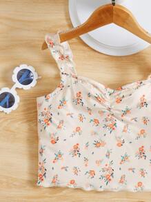 SHEIN Teen Girls Ditsy Floral Print Ruched Frill Trim Cami Top - Multicolor - View 3