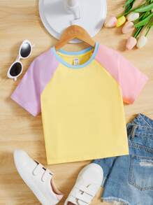 SHEIN Chicas adolescentes Camiseta de color combinado de manga raglán - Multicolor - Ver 1