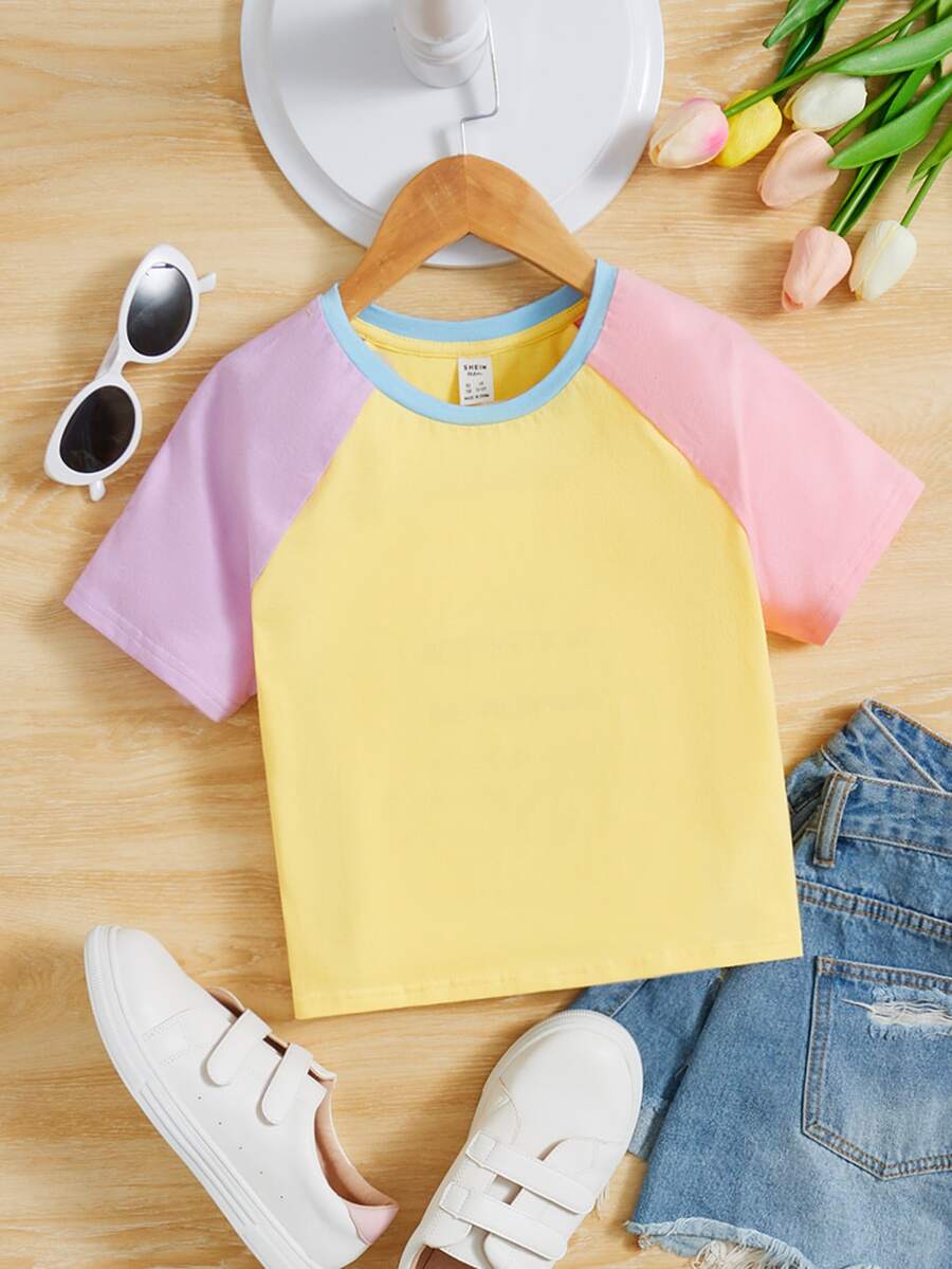 SHEIN Chicas adolescentes Camiseta de color combinado de manga raglán - Multicolor - Ver 1