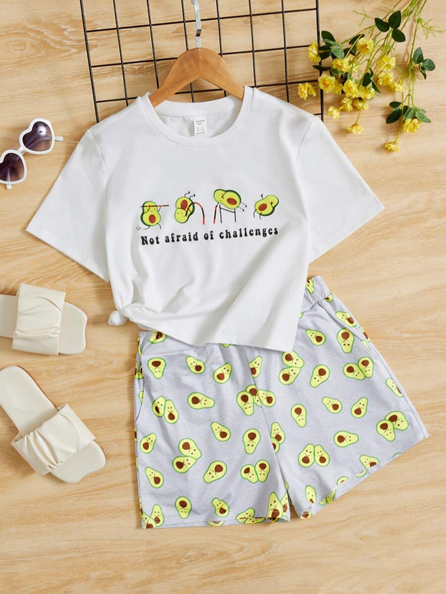 SHEIN Teen Girls Cartoon & Slogan Graphic Tee & Shorts - Multicolor - View 1
